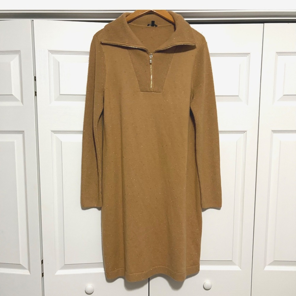 Talbots Quarter Zip Sweater Dress Women L Tan Flecked Knit Preppy Relaxed Core